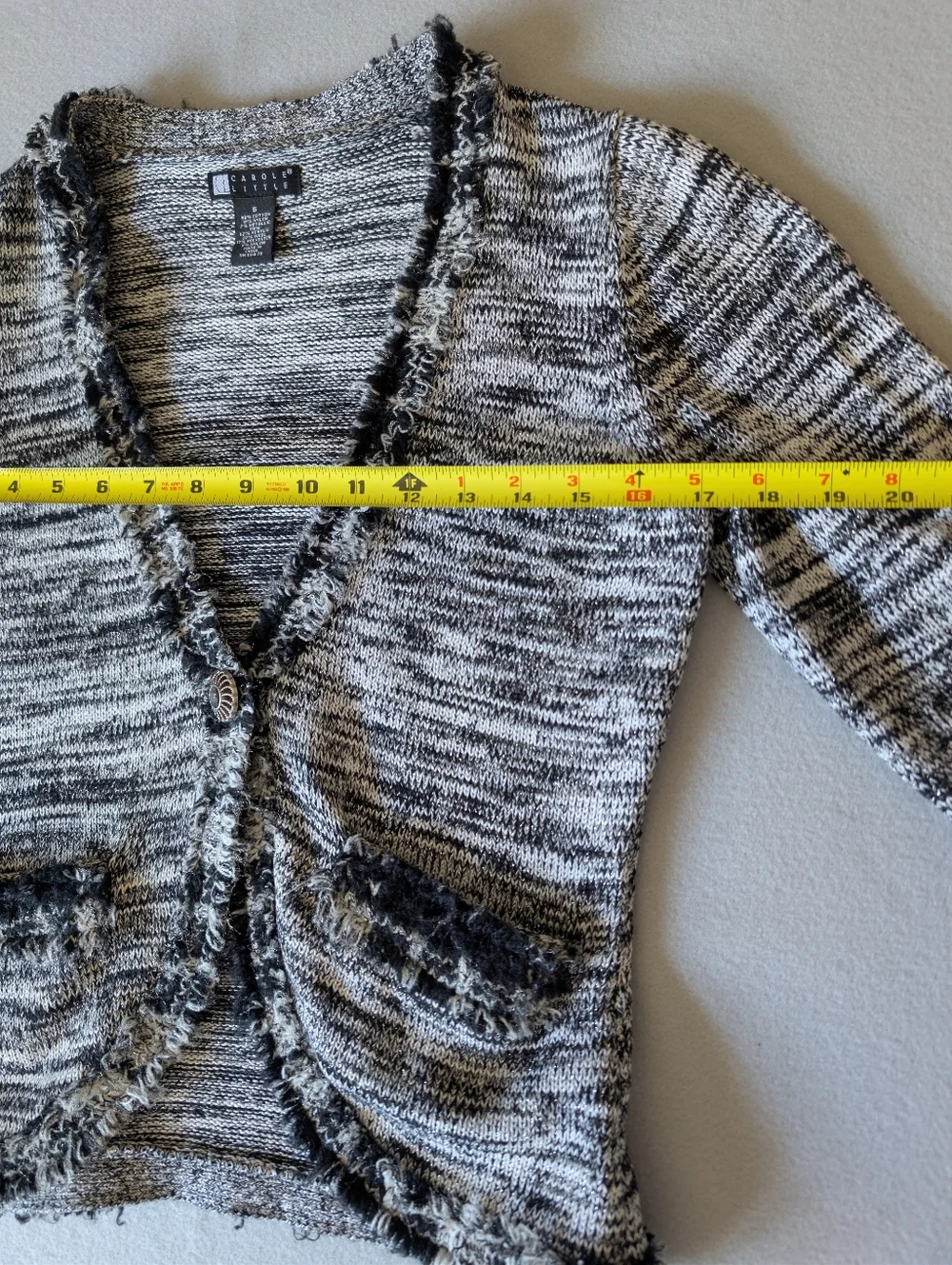 Tweed Knit Cardigan Jacket Black Cream Frayed Trim Chanel Style Sz Small Classic